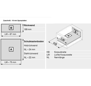 Schubkasten-Bausatz, Tandembox Antaro, Systemhöhe D 224mm mit Reling, mit Korpusschiene 30/65 kg Blumotion